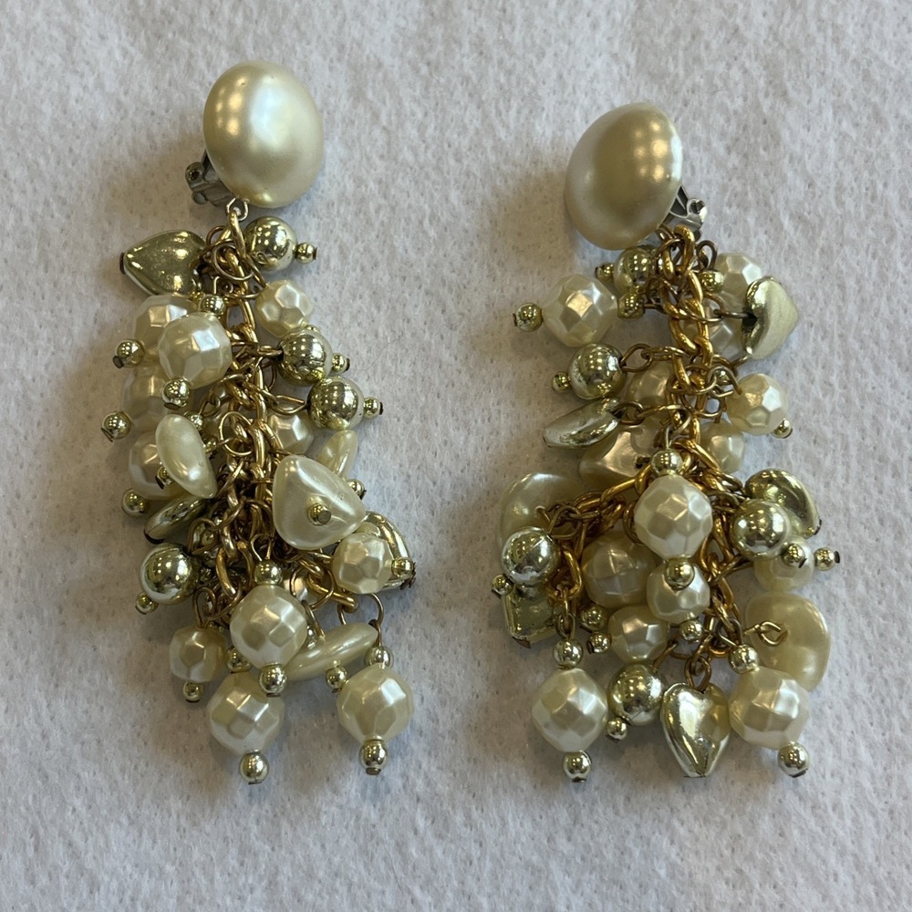 Vintage Dangle/ Tassel Clip On Earrings Faux Pearl Beads Hearts
